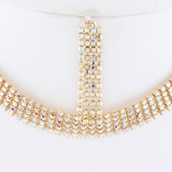 5 Row Color Crystal Rhinestone Choker Set - Gold/AB - Picture 2 of 2